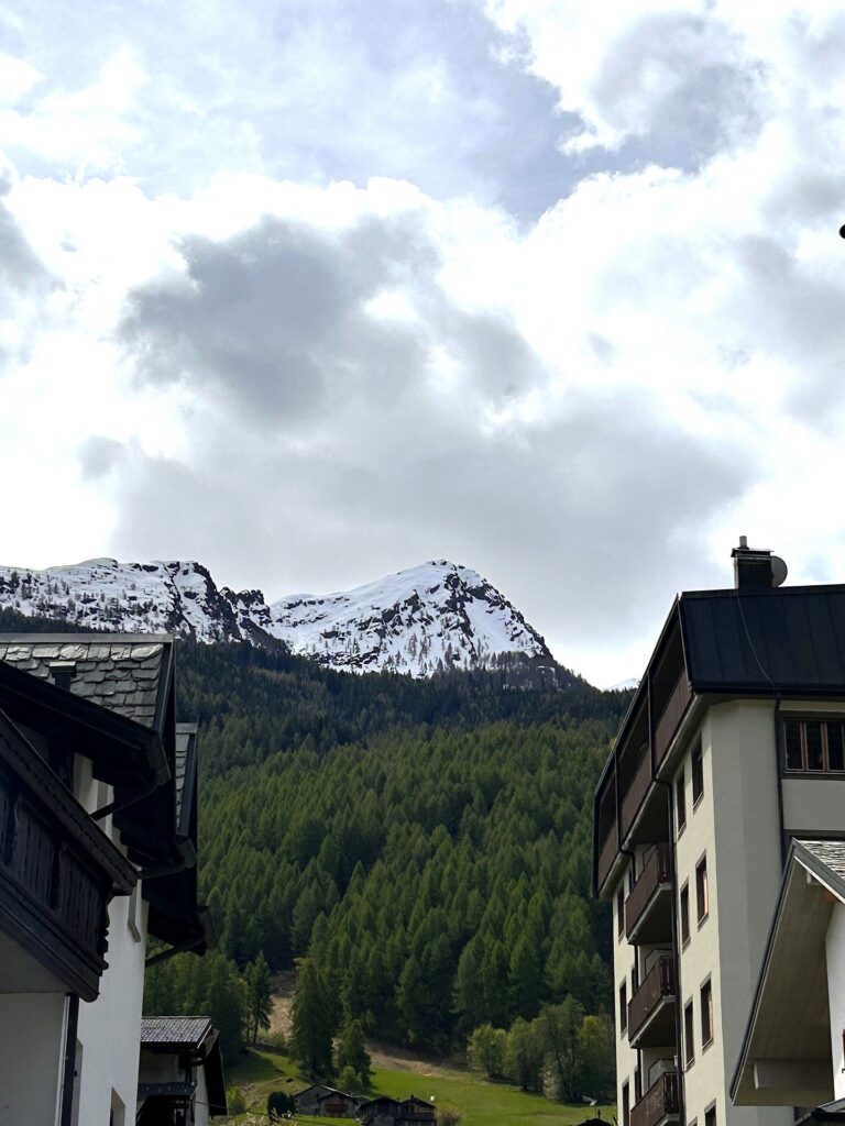Aprica con il cane: scorcio tra i tetti del borgo con montagna innevata sullo sfondo